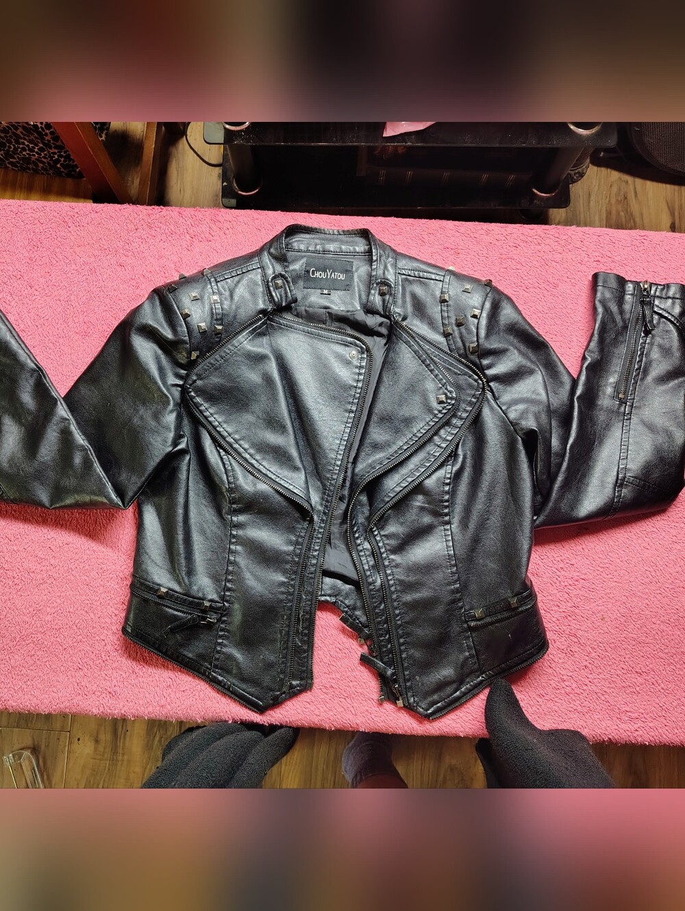 GhouYatu Black Faux Leather Stud-Accent Moto Jacket